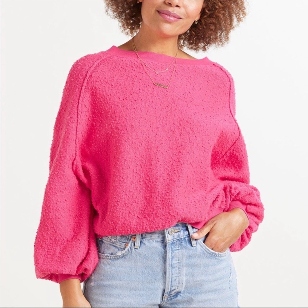 Free People Hot Pink Sweater Bubble Puff Sleeve Size Small Fuschia Crop Fit